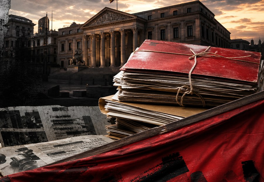 Sello rojo sobre dossier de investigación